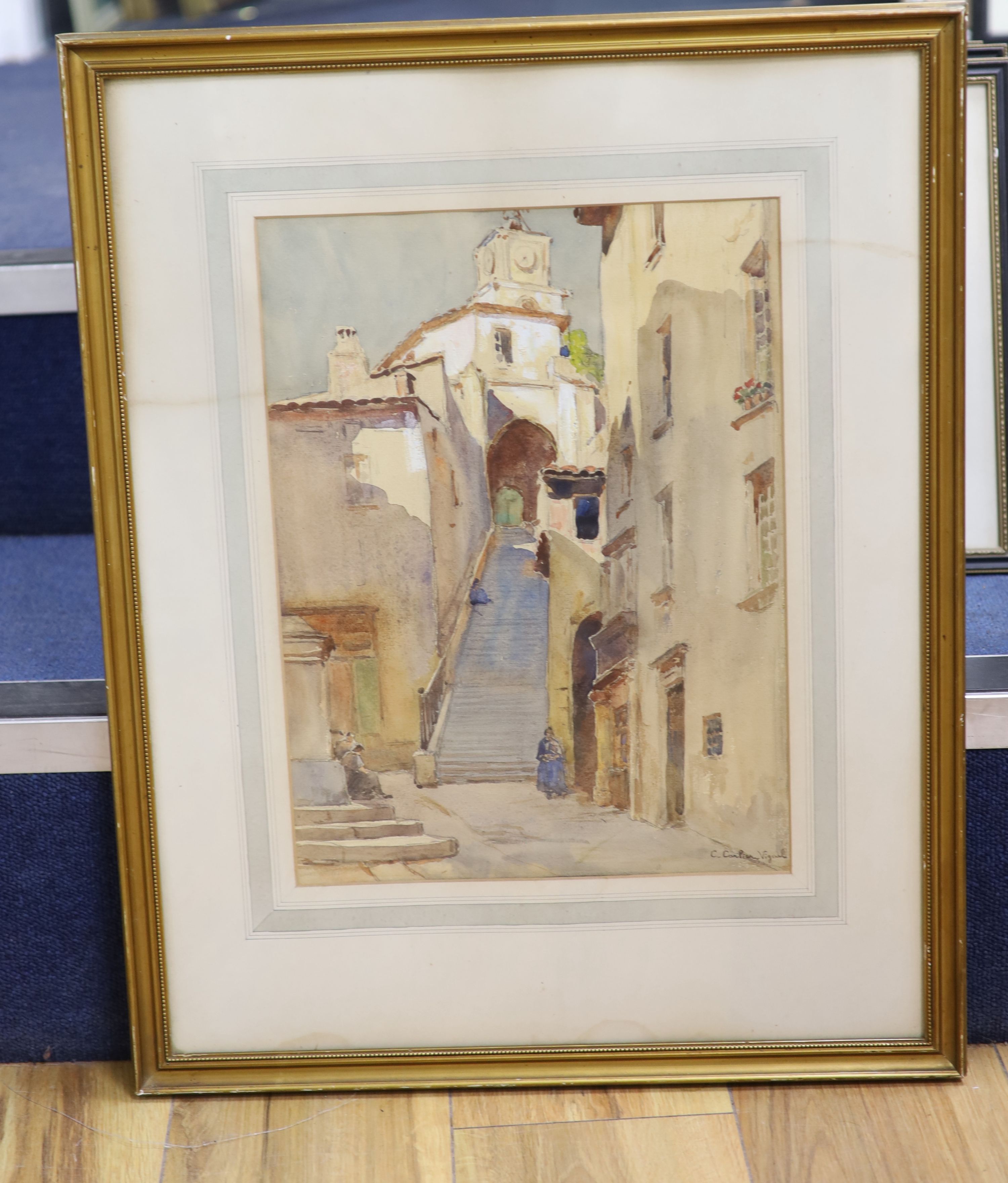 Pierre Vignal (1855-1925), watercolour, Street scene with steps to church, signed, 38 x 28cm, previously owned by Sir Guy Dawber, R.A., provenance verso
